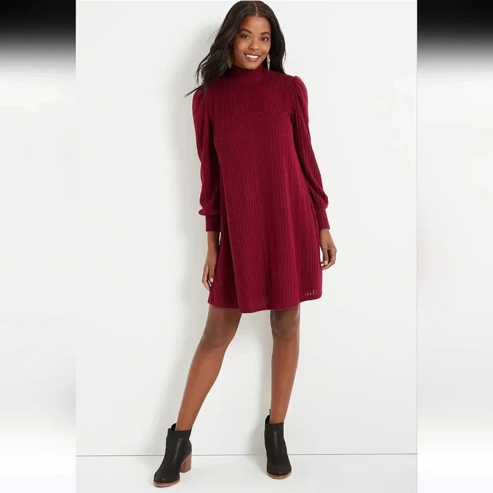 Maurices Red Ribbed Hacci Mini Dress Women's Size Medium Soft Stretch Knit Comfy